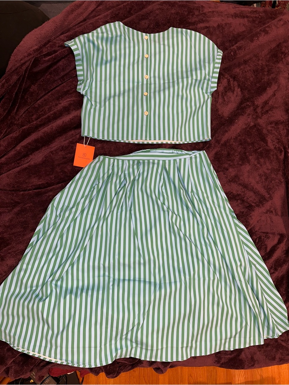 Blue and green striped blouse and skirt set